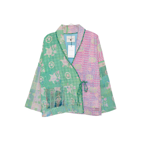 Jacket Thora Wrap Kantha Green & Pink 1