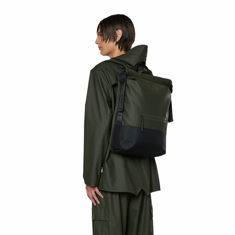 Rains Trail Rolltop Backpack Green model man