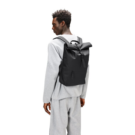 Rains Roll Top Backpack Black model man
